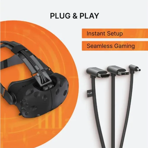 Vista 2 de Skywin Cable plano 3 en 1 compatible con HTC Vive (16 pies), cable de conexión 3 en 1 de repuesto para auriculares HTC Vive y Linkbox (negro)