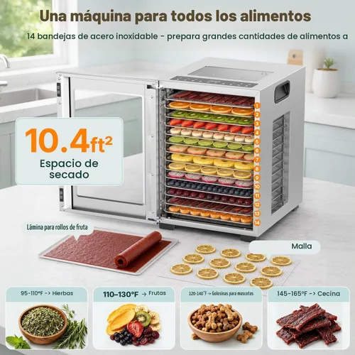 Vista 6 de HOPERAN 14-Tray Food Dehydrator with 10 Presets, Stainless Steel, 840W Silver-14 Trays
