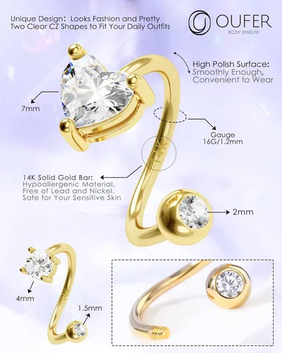 Vista 5 de OUFER Aretes de hélice torcida de 16G, anillo de labios de circonita cúbica transparente en forma de corazón de oro sólido de 14 quilates, joyería