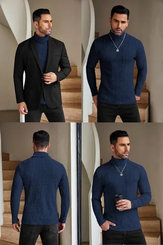 Vista 4 de Ekouaer Camisetas de cuello alto para hombre, camisa de manga larga, térmicas, ligeras, de capa base, acanaladas, suéteres sin botones, tallas S-XXL
