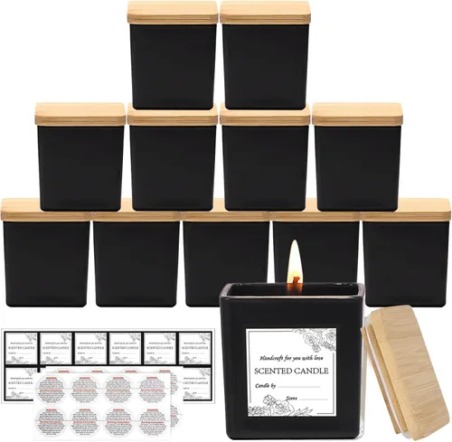 Vista 16 de CONNOO Paquete de 12 tarros de vela cuadrados transparentes de 9 onzas para hacer velas, recipientes vacíos de vidrio grueso a granel con tapas