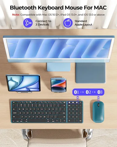 Vista 2 de seenda SKM64-2 - Combo de teclado y mouse Bluetooth para Mac, MacBook y iPad Multi-device Bluetooth switching, quiet, rechargeable, compact