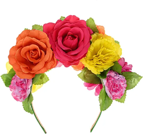 Vista 20 de DreamLily Frida Kahlo NC26 - Diadema con corona de rosas mexicanas para disfraz de fiesta de Halloween
