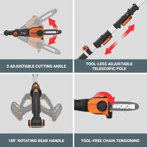 Vista 6 de Worx Nitro 20V 8 '' motosierra de poste inalámbrico batería 2.0 Ah y cargador incluido WG349 up to 13.3 ft total reach; weighs 8 lbs; 3 cutting