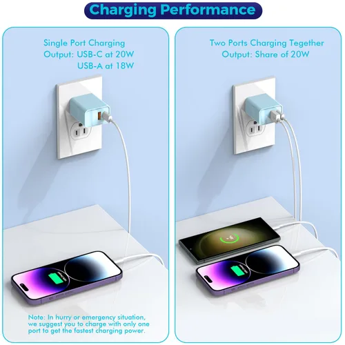 Vista 4 de Bloque de carga para iPhone 16/15, bloque de carga USB C [paquete de 2] 20 W de doble puerto PD rápido USB C adaptador de cargador de pared USB A