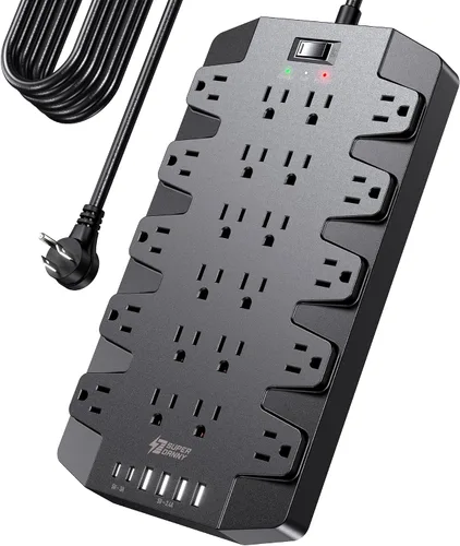 Vista 10 de Protector de sobretensiones de regleta de alimentación de 45 W con PD USB-C, SUPERDANNY 1875W/15A, 2100J, cable de extensión de montaje de enchufe