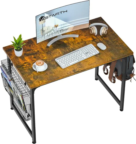 Vista 8 de ASTARTH Escritorio plegable de 40 pulgadas, mesa plegable que ahorra espacio, mesa de PC de estilo simple moderno, marco de metal negro, escritorio