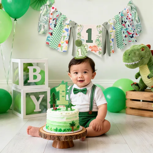 Vista 5 de Decoraciones de dinosaurio para el primer cumpleaños, cartel para silla alta para niño Dinosaurio Verde Uno