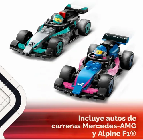 Vista 5 de LEGO City F1 Garage & Mercedes-AMG y Alpine Cars Toy – Modelo de juguete de construcción de autos de carreras y juego portátil para niños, niños