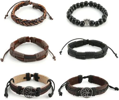 Vista 3 de HZMAN Pulseras de cuero genuino con diseño de árbol de la vida para hombres y mujeres, diseño de ojo de tigre, piedra natural, cuentas de roca
