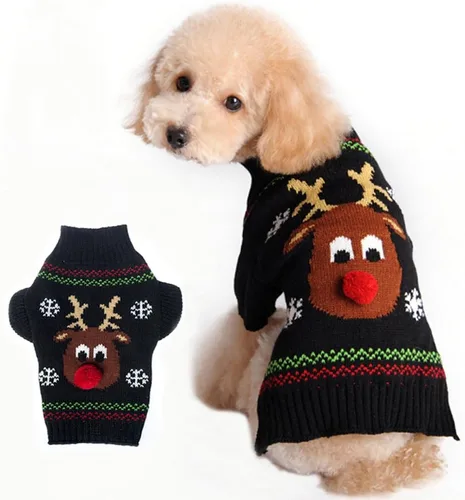 Vista 13 de Suéter festivo para mascota con diseño de reno Suéter para perro navideño Prendas tejidas cálidas para invierno par a mascotas, m Reno de dibujos