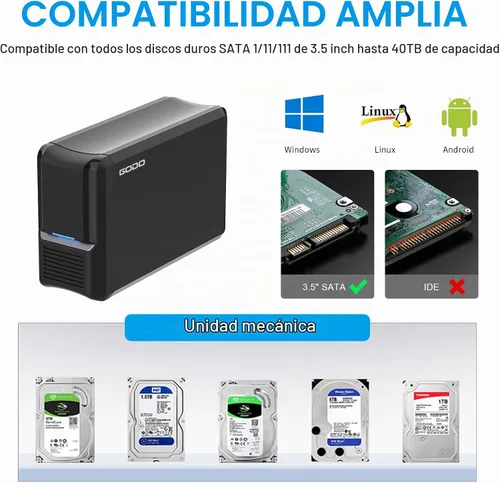 Vista 6 de GODO Caja de Acoplamiento de Disco Duro de 3.5 Pulgadas de Doble Bahía, USB3.0 a Carcasa Externa SATA de 3.5", RAID 0/1/JBOD/Modo PM, Estación