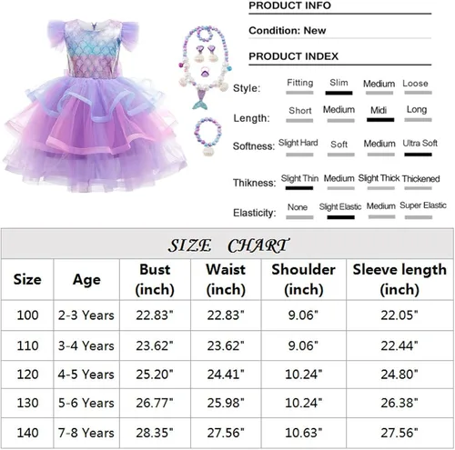 Vista 6 de Eledobby Vestido de princesa de sirena para niñas, disfraz de Halloween, cumpleaños, elegante, fiesta, cosplay, ropa con accesorios