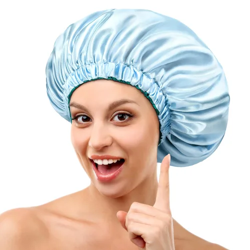 Vista 10 de mikimini Gorro de satén para hombres y mujeres, gorro de dormir reversible de doble capa para trenzas de cabello con banda elástica ajustable
