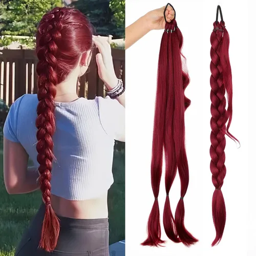 Vista 9 de EMMOR Extensión de cola de caballo larga trenzada con cabello lacio envolvente, extensiones de cabello sintético suave y saludable para mujeres