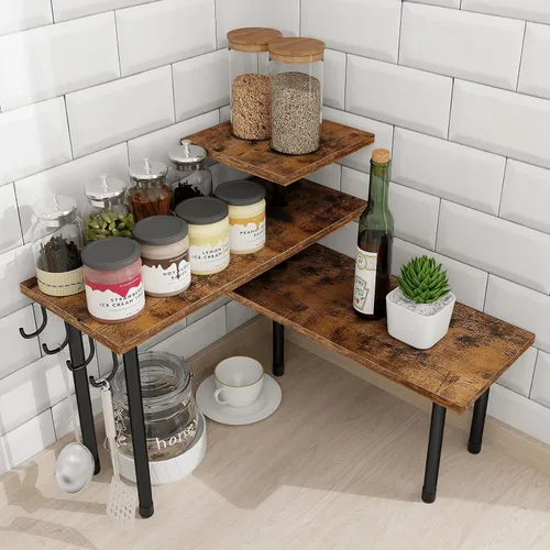 Vista 11 de Homode Estante organizador de encimera de baño, organizador de encimera de cocina, soporte de madera de 3 niveles para colocar sobre el fregadero