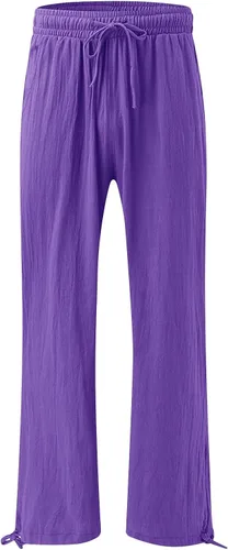 Vista 2 de SHAOBGE Pantalones palazzo de verano para mujer, cintura alta, pierna ancha, casual, cintura elástica, pantalones de playa con bolsillos