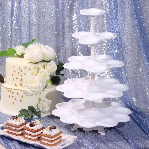 Vista 15 de Efavormart - Soporte de plástico transparente para cupcakes de 3 niveles con borde barroco dorado en relieve, soporte redondo de postres