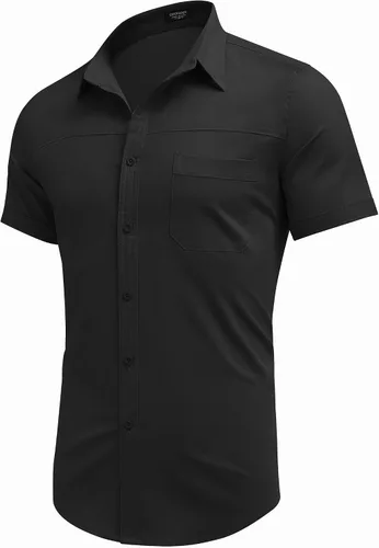 Vista 8 de COOFANDY Camisas de vestir para hombre, de manga corta, de algodón, casual, con botones, con bolsillo