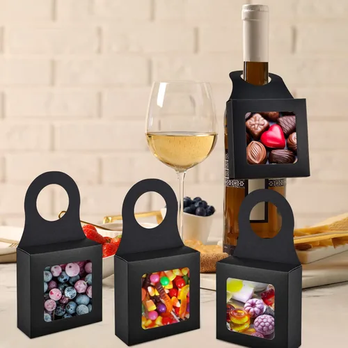 Vista 5 de Mototo 30 cajas de papel kraft para botellas de vino con colgador de ventana transparente, cajas de regalo vacías con colgador para San Valentín