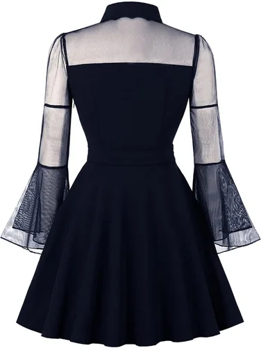 Vista 2 de Vestido camisero para mujer, vestido de Halloween gótico punk, con solapa, envoltura en el pecho, vestido vintage para fiesta de noche, vestido midi