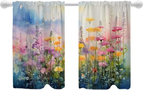 Vista 13 de Shrahala Floral Abstract Design Blackout Curtain Tiers, Minimalist Flower Illustration Kitchen Valance Light Blocking Tier Drapes with Rod Pocket, 2