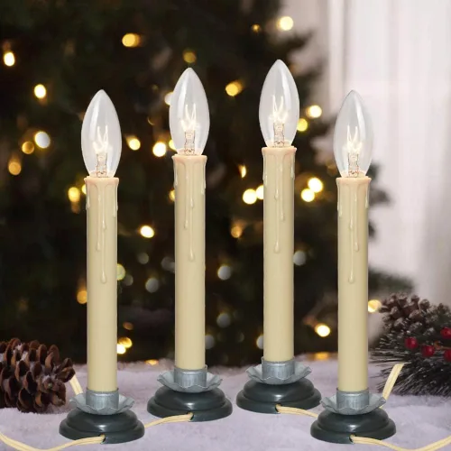 Vista 5 de SUNSGNE Juego de 4 velas eléctricas para ventana, 7 pulgadas enchufables con bombillas C26 de 7 W, velas eléctricas con base de hierro de ciruela