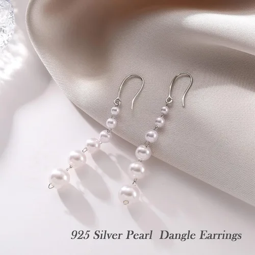 Vista 4 de Aretes largos de perlas para mujer, chapados en oro de 14 quilates, aretes colgantes de borla de plata de ley con poste de perlas largas para baile