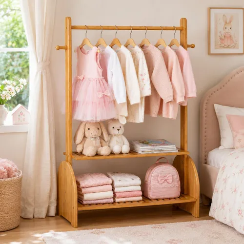 Vista 5 de BAMBOOHOMIE Perchero de ropa para niños con varillas ajustables, perchero de ropa para niños, bebés, mascotas, perchero para niños con 2 estantes
