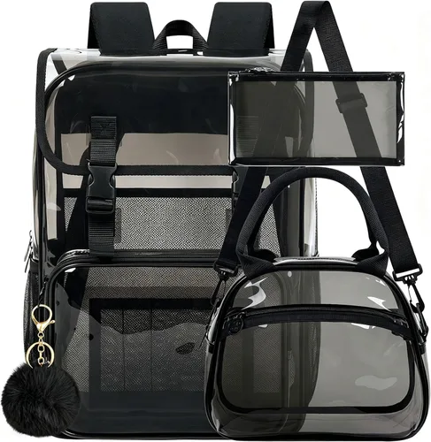 Vista 16 de Mochila transparente con tapa abatible de 17 pulgadas, juego de 3 piezas aprobado para estadios, bolsa transparente resistente para gimnasio o Negro