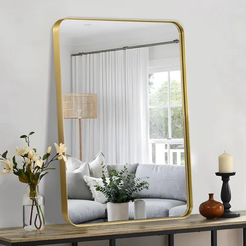 Vista 2 de Espejo de baño dorado de 24 x 36 pulgadas, espejo rectangular con marco de metal cepillado con esquina redondeada, espejo de tocador de baño dorado