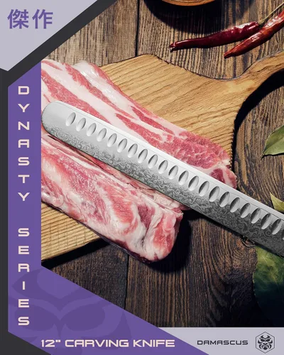 Vista 9 de KESSAKU Cuchillo de trinchar – 12 pulgadas – Serie Damascus Dynasty – Razor Sharp – Granton Edge – Acero inoxidable japonés forjado de 67 capas