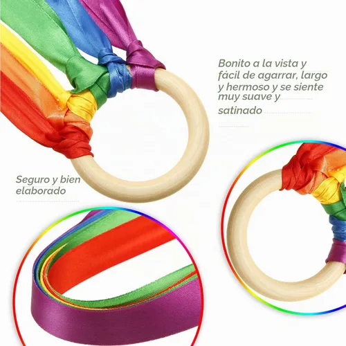 Vista 3 de WILLBOND Cometa de mano arcoíris de 3 piezas, cintas de muñeca de cinta, varita de viento bailarina con anillo de madera, juguetes educativos