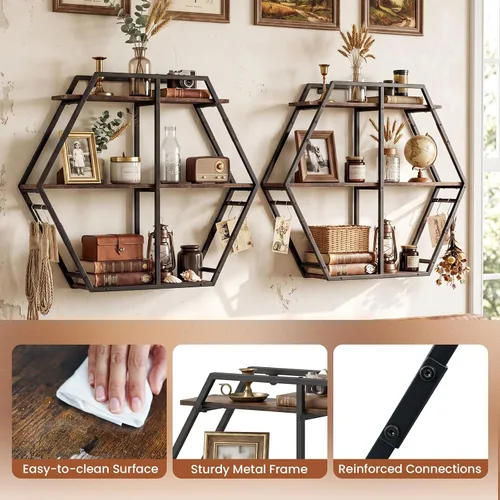 Vista 9 de Tangkula Hexagon Wall Shelf, 3-Tier Geometric Bookcase with 4 S-Shaped Hooks & Heavy Duty Metal Frame, Wall Mounted Industrial Display Storage Rack