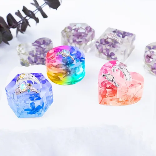Vista 8 de Molde de resina para anillos de 8 cavidades, moldes de silicona para resina epoxi, corazón, redondos, cuadrados hexagonales para exhibir joyas