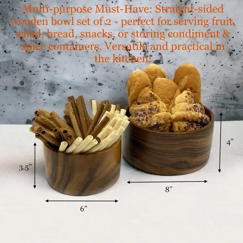 Vista 4 de Juego de 2 cuencos redondos de madera maciza de acacia para alimentos, almacenamiento de condimentos, ensalada, aperitivos, nueces, pan, palomitas