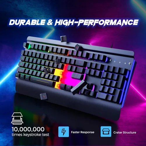 Vista 4 de RisoPhy Teclado para juegos, panel de metal de 104 teclas, teclado silencioso retroiluminado LED arco iris, reposamuñecas, teclas multimedia