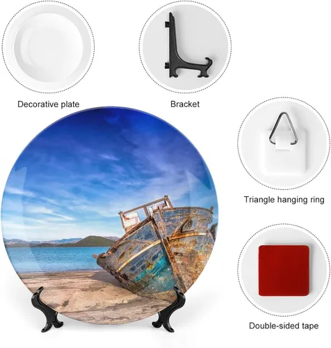 Vista 3 de Plato decorativo de pared de porcelana de 6 pulgadas con soporte, barco, cielo, mar, paisaje, naturaleza, adornos coleccionables, arte de pared