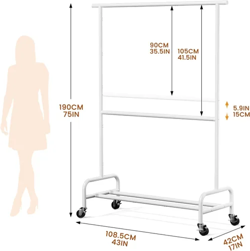 Vista 2 de Abiglifty Perchero con ruedas de 2 niveles, perchero resistente con ruedas, capacidad de 150 libras, 43 pulgadas de ancho x 17 pulgadas