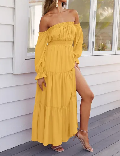 Vista 109 de ZESICA - Vestido largo, bohemio y sexy, con hombros descubiertos y manga larga fruncida, con elástico fruncido, cintura alta y abertura lateral