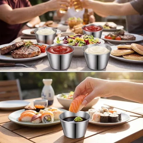 Vista 7 de Potchen 100 tazas de metal de 2.5 onzas para salsa, tazas de condimentos de acero inoxidable a granel, tazones de inmersión redondos, recipientes