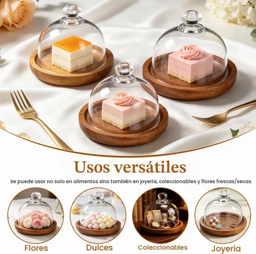 Vista 4 de Yardwe Paquete de 2 mini cúpula de postre de cristal con base de madera, soporte para pasteles de 3.4 pulgadas con cubierta de vidrio transparente