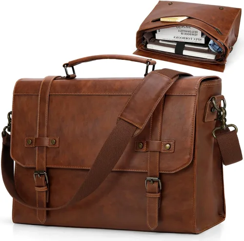Vista 10 de RAINSMORE Bolsa de mensajero para hombre de 17 pulgadas, impermeable, de piel vintage, maletín para laptop, bolsa grande para laptop, cartera, bolsa