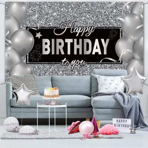 Vista 5 de Sumind Cartel de feliz cumpleaños negro y plateado para decoración de fiesta de cumpleaños para hombres y mujeres, suministros de decoración