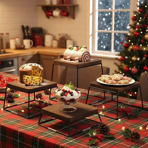 Vista 6 de MyGift Juego de exhibición de mesa de postre, 4 elevadores de alimentos, elevadores de bufé de madera marrón, soporte para pizza con base de alambre