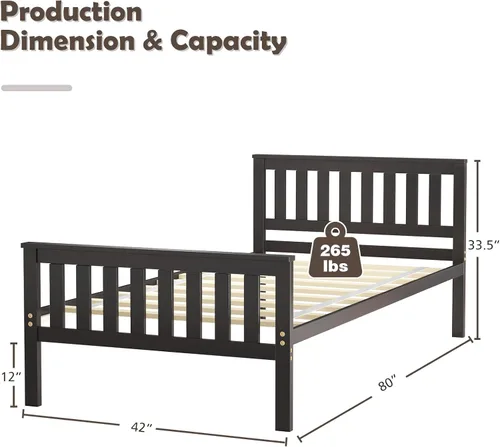 Vista 2 de NAFORT Base de cama de plataforma de madera individual con cabecero y estribo, base de cama de madera maciza y soporte de listones de madera fuerte