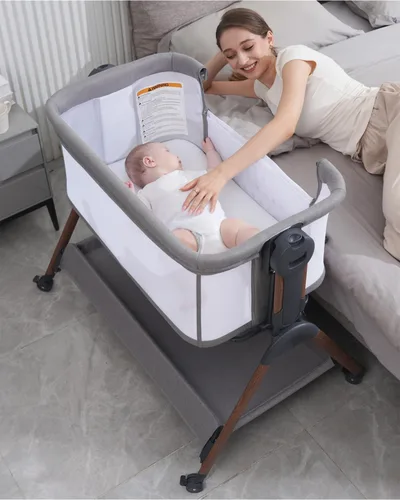 Vista 10 de Cuna para bebé - Cuna para dormir al lado de la cama, Cunas al lado de la cama 3-en-1 para bebé, Cuna con movimiento, con colchón cómodo, ruedas