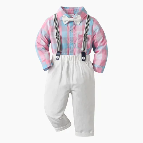 Vista 9 de Conjunto de pantalones para bebé, camisa de manga larga + pantalones + corbatín + tirantes, trajes de caballero para niños pequeños