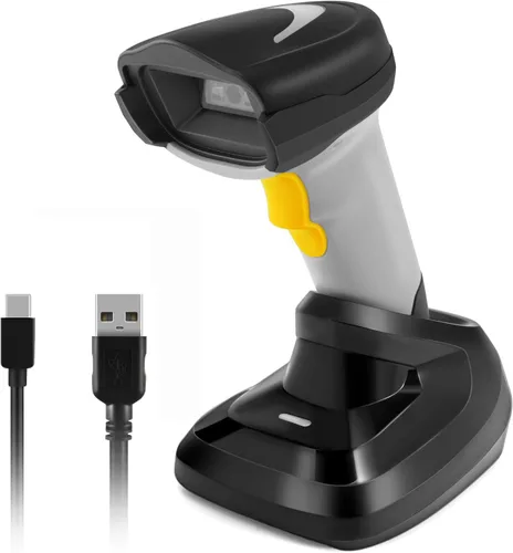Vista 2 de Escáner de código de barras inalámbrico, lector de código de barras 1D con soporte, 2.4G inalámbrico y conexión por cable USB, escáneres de código