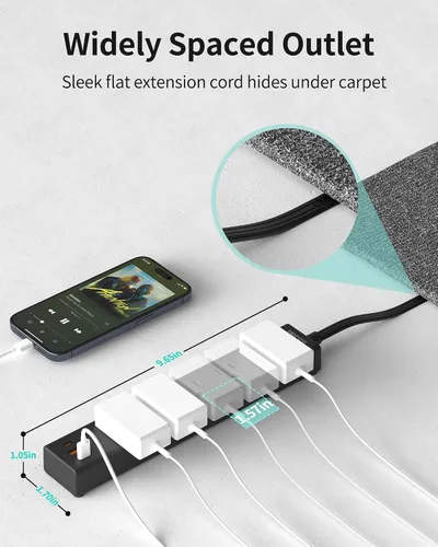 Vista 5 de HOPOW Regleta de alimentación de enchufe plano, cable de extensión ultrafino de 3 pies, protector de sobretensiones con 5 salidas y 3 puertos USB